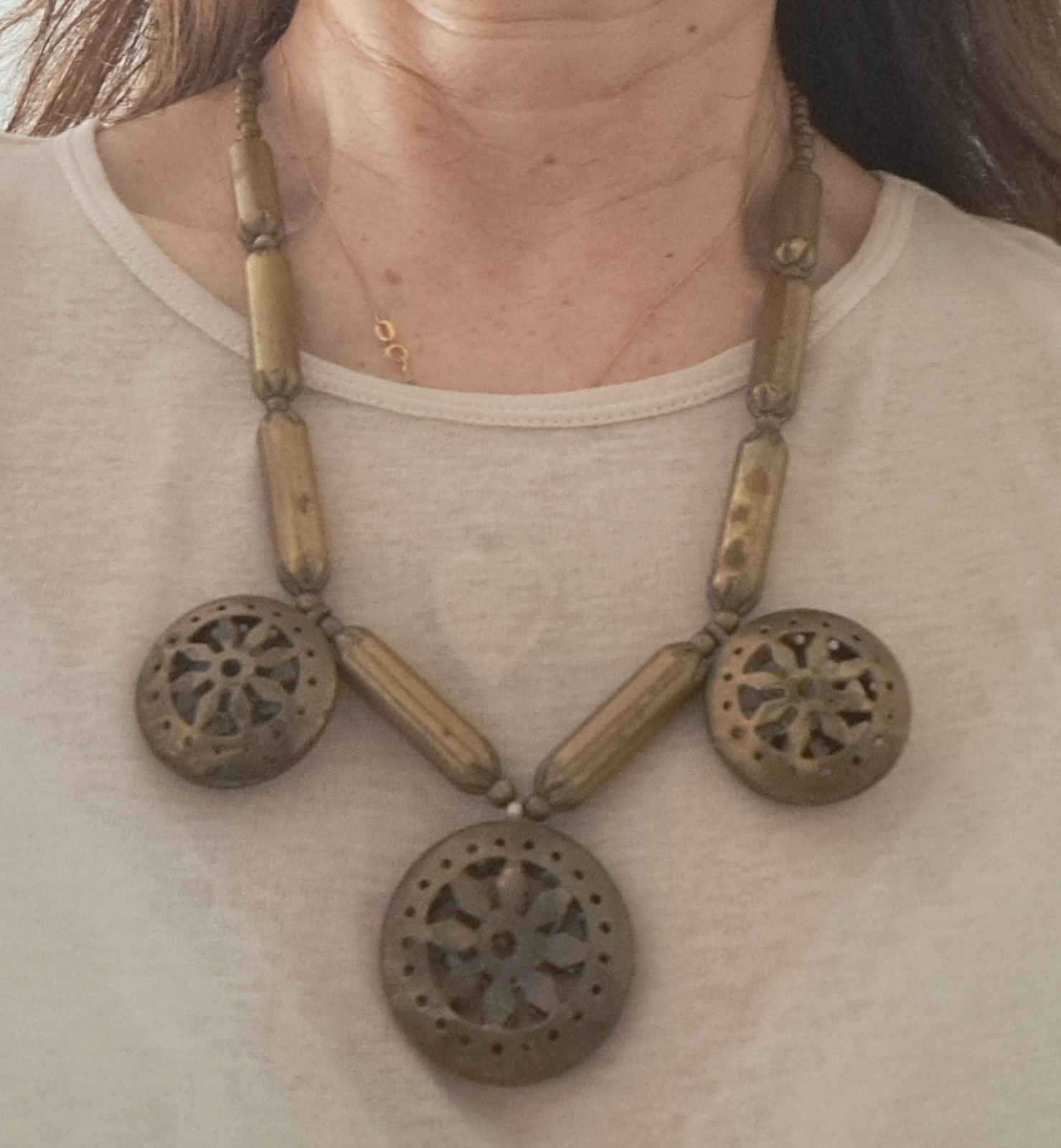 Brass Statement Tribal Necklace Pendant Boho Vintage 1980s Barrel Clasp