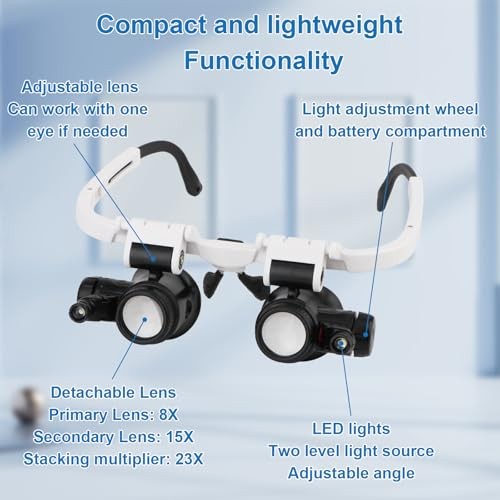 Hands-Free Magnifying Glass Headband 8X 15X 23X LED Light Jeweler Loupe