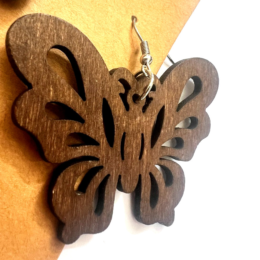 Lightweight Wood Butterfly Earrings Boho Cutout Rustic Nature Jewelry New Big