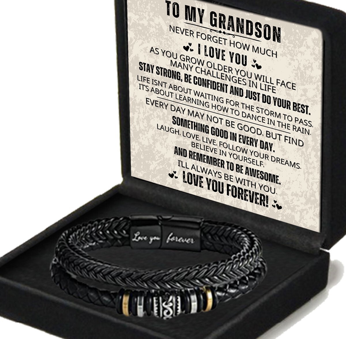 To My Grandson Leather Bracelet For Birthday Christmas Graduation Love You Gift