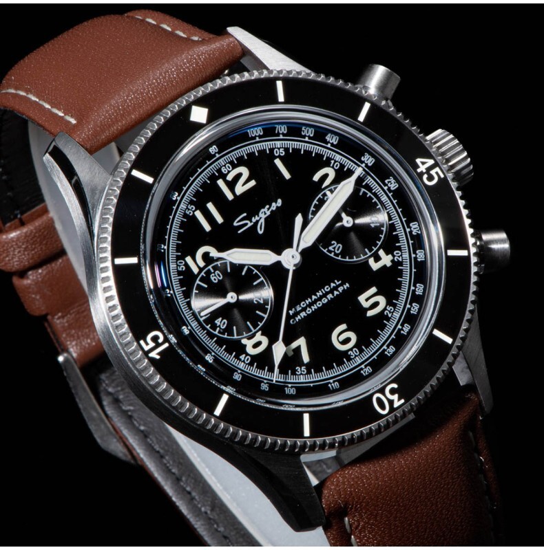 Sugess Mechanical Chronograph Steel Black Leather Brown Men’s Watch