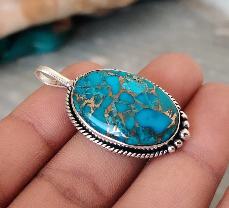 Blue Copper Turquoise Gemstone Pendant Solid 925 Sterling Silver Pretty Pendant