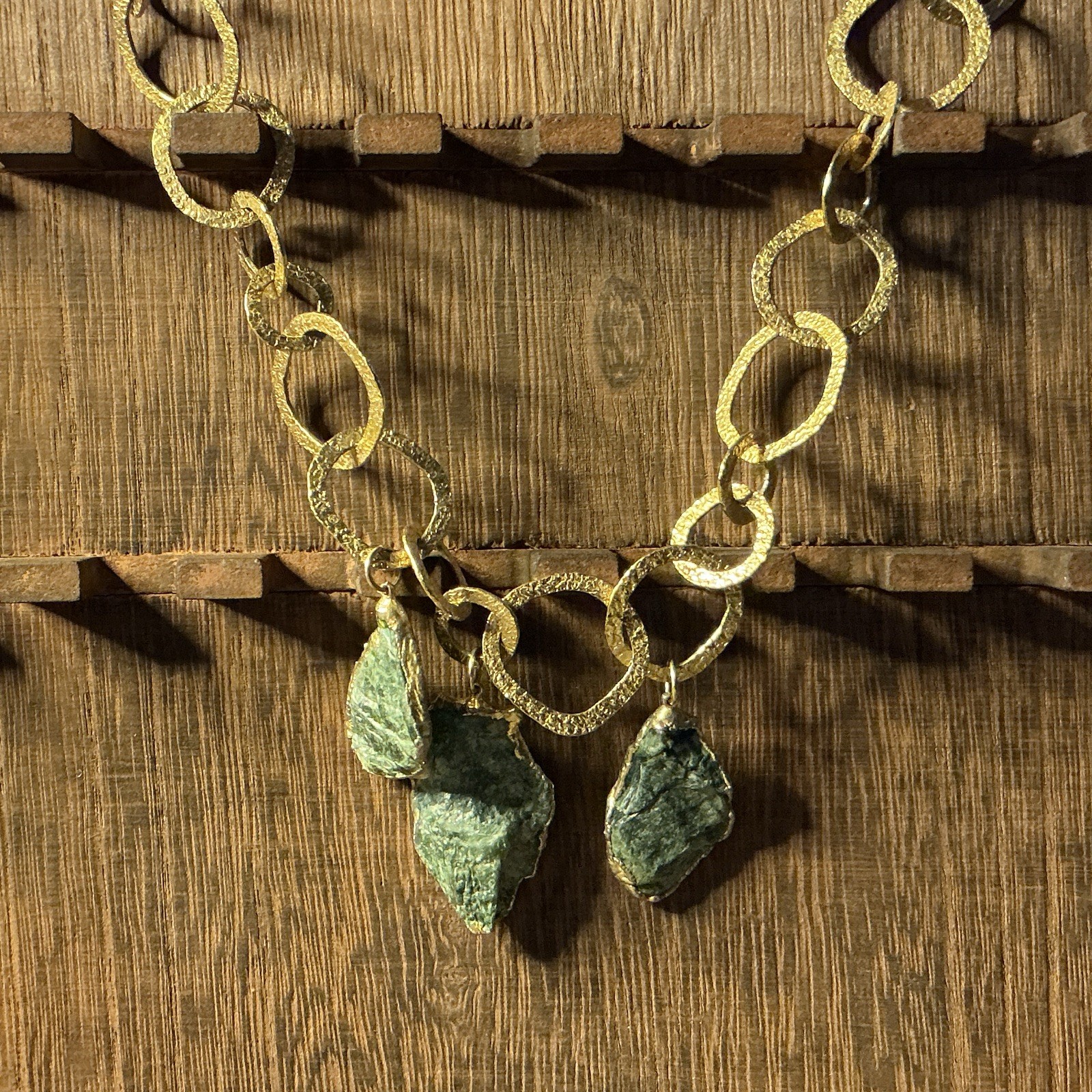 Gold Tone Oval Link Chain Statement Necklace Green Charm Drop Pendant