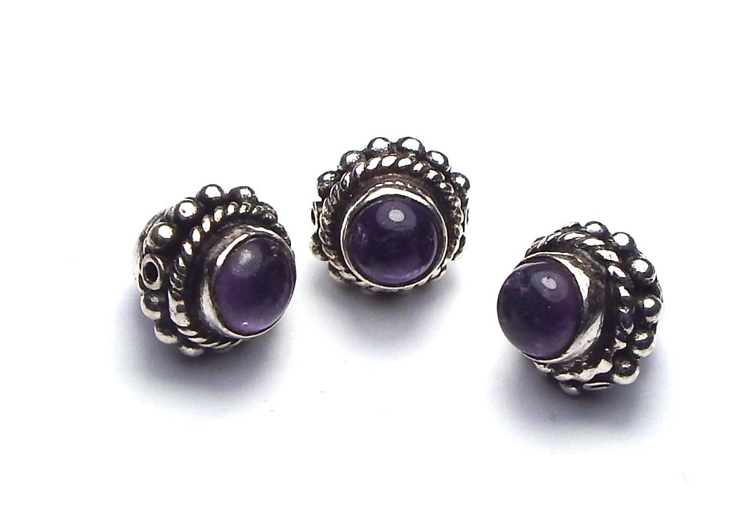 Bali Sterling Silver & Stone Bead 12x10mm Amethyst Black Onyx Rose Quartz