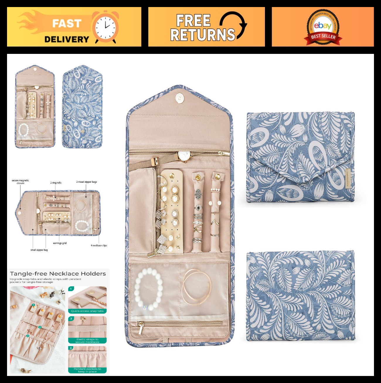 Travel Jewelry Organizer Roll – Foldable Case for Rings, Necklaces, Bracelets, E
