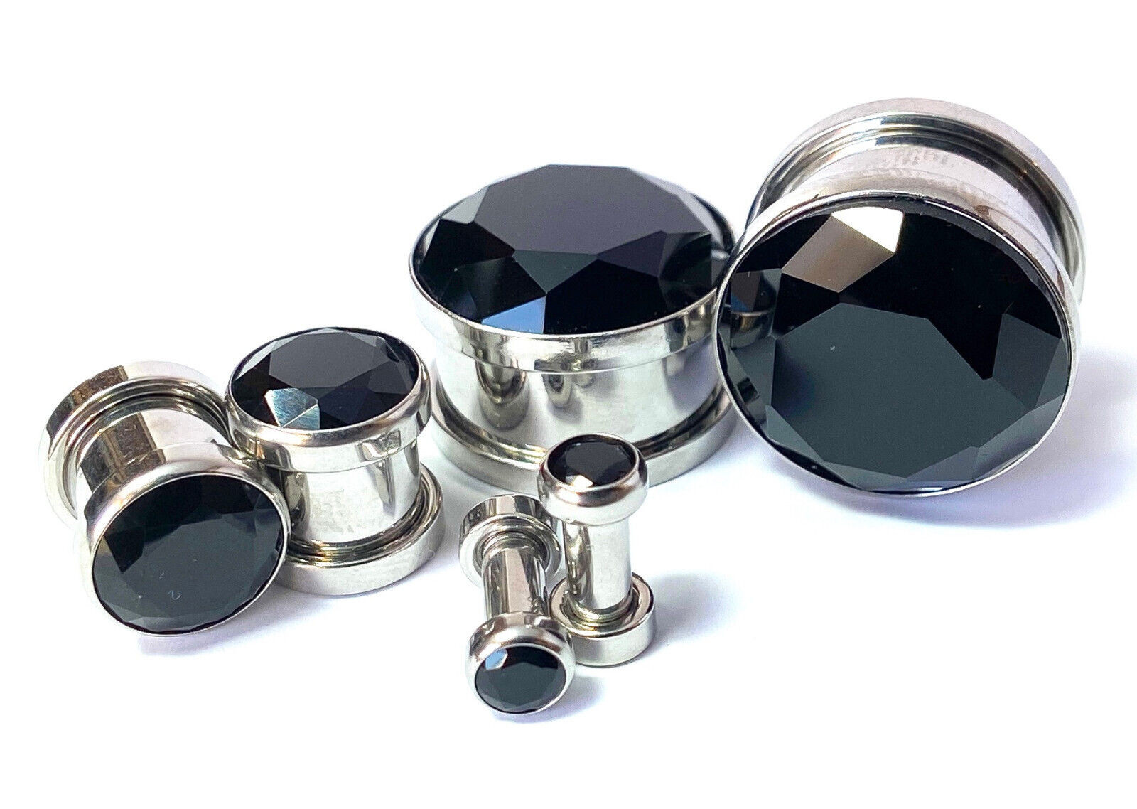 PAIR Large Black Gem Screw Fit Tunnel Plugs Gauges Pierced Body Jewelry Piercing