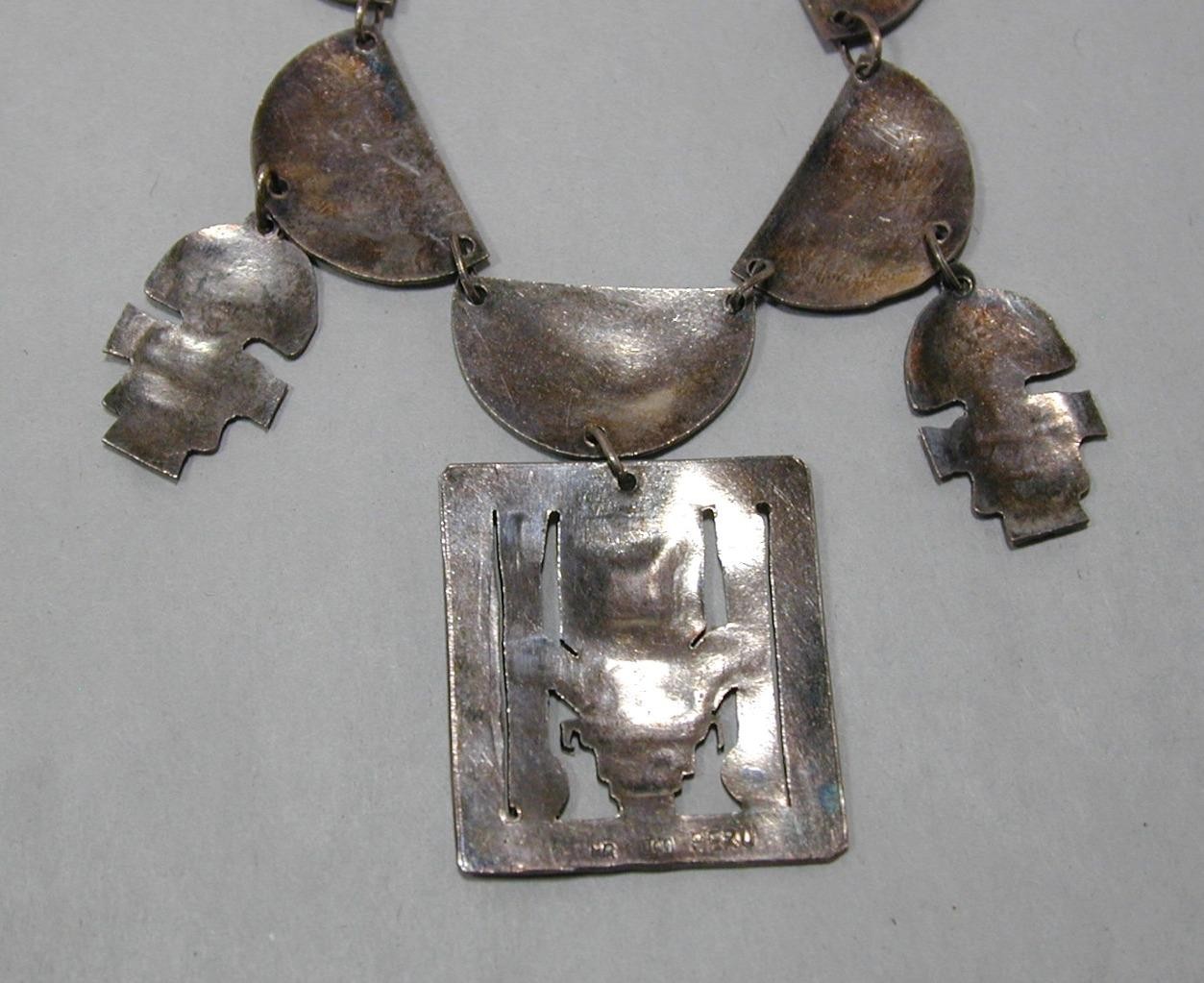 Vintage Peru 900 Silver Inca Tumi Panel Statement 16 1/2″ Necklace Choker Signed