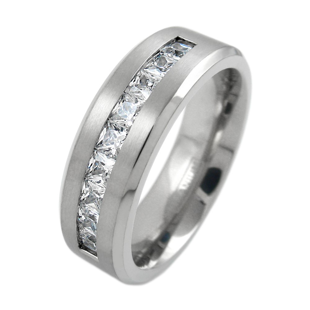 Engraved Titanium Men’s 1.8 Carat Princess Cut CZ Brushed Wedding Band Ring