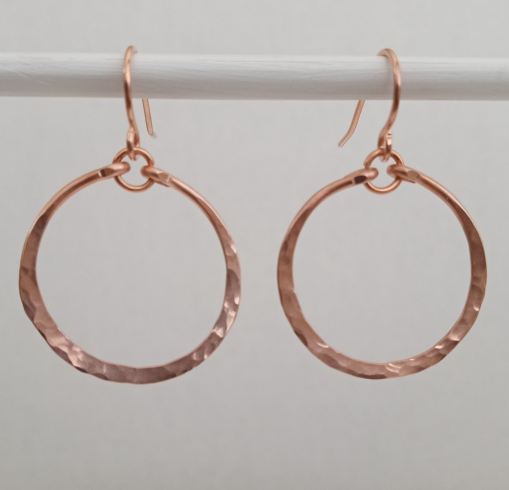 Handmade USA Copper Hoop Earrings Textured Approx. 1-Inch DIA Fish Hooks