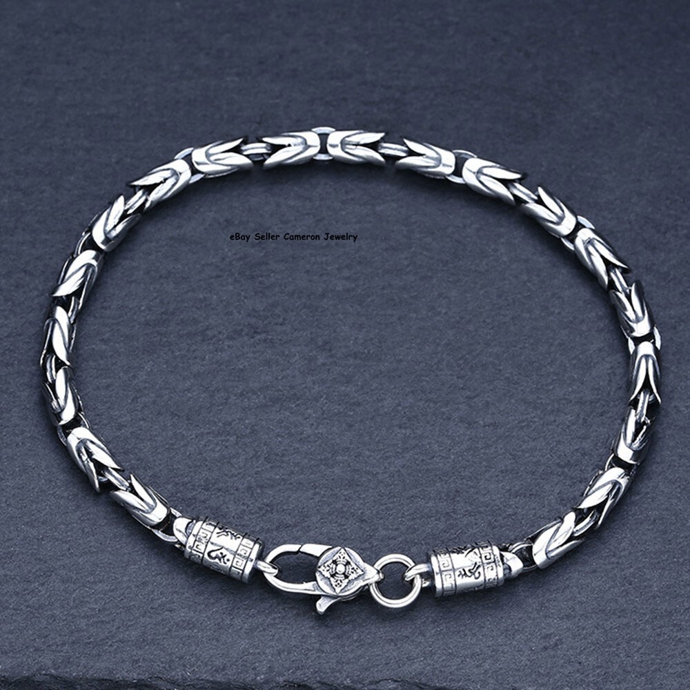 Pure S925 Sterling Silver Chain Solid 4mm Byzantine Link Bracelet 7.1-7.9inch