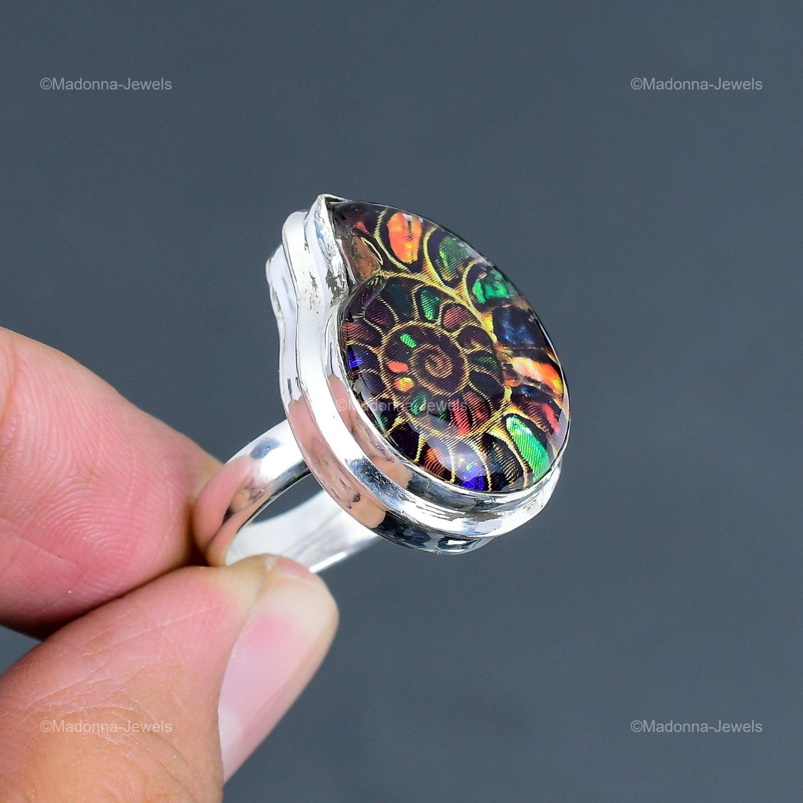 925 Sterling Silver Multi Shade Ammonite Fossil Gemstone Solitaire Ring Jewelry