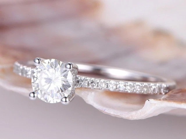Solitaire with Accents Ring 1.30ct Round Lab Grown Diamond 14k White Gold Plated