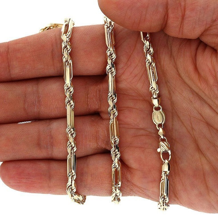 14K Solid Yellow Gold 4mm Milano Figaro Rope Chain Necklace 20″-26″