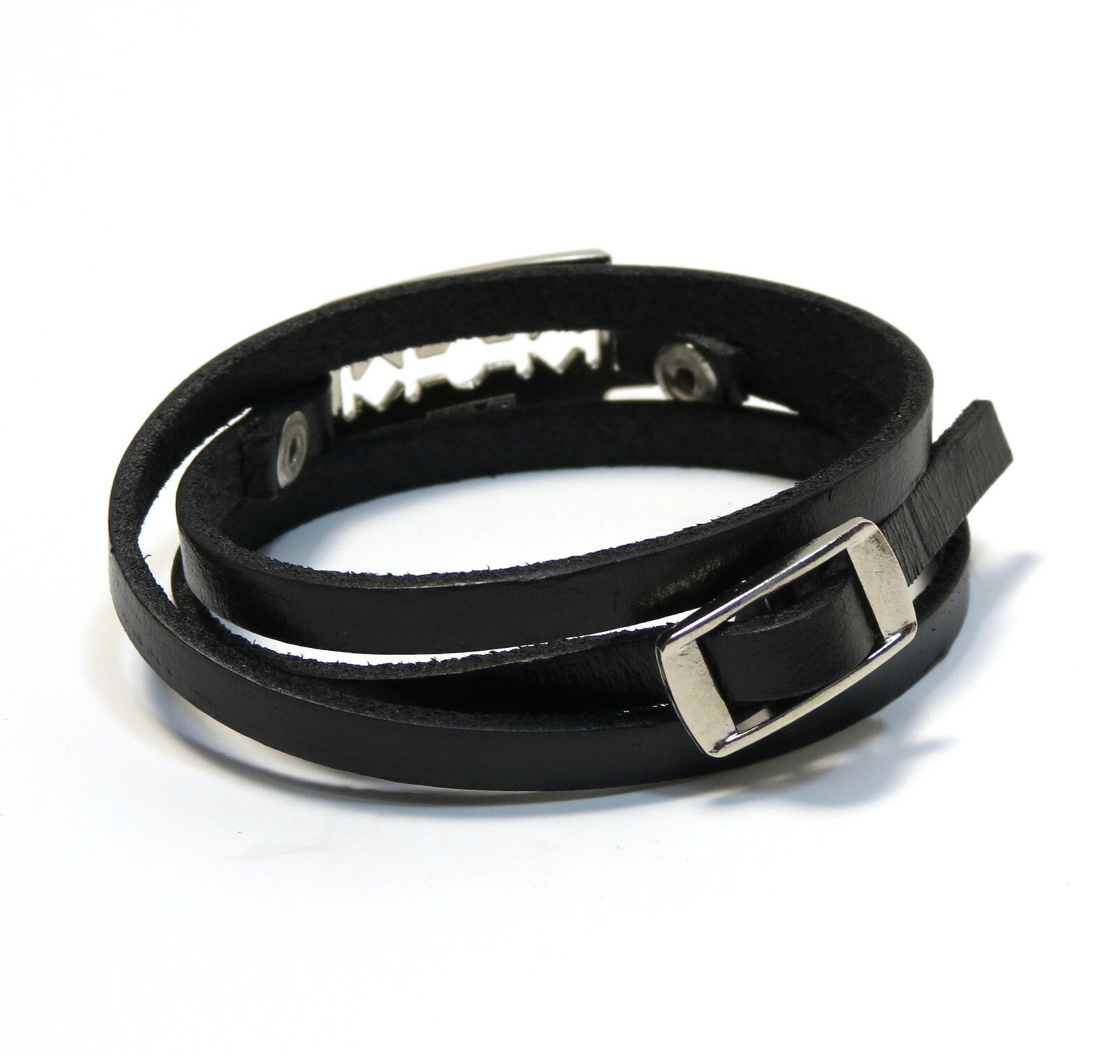 Gothic Punk Black Triple Wrap Faux Leather Bracelet with Chrome Razor Blade