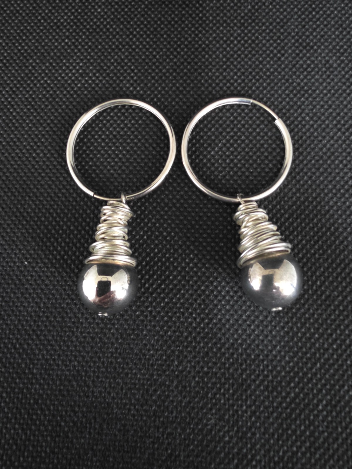 Vintage Endless Hoop Earrings Wire Wrapped 14mm Beads Silver Plated 2.2″ Drop