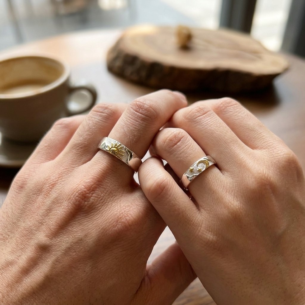 Adjustable Matching Wedding Bands Couple Promise Ring Set Sun Moon Star