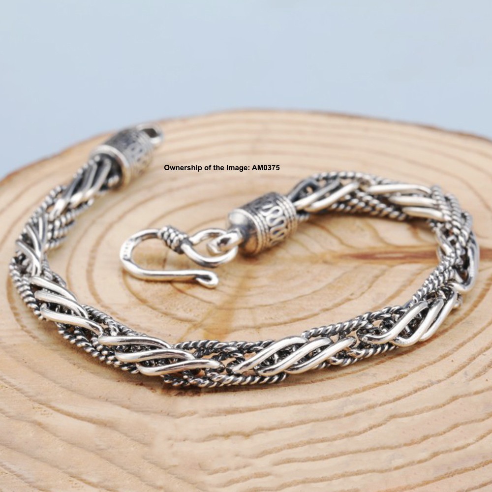 Pure 925 Silver Braided Wheat Link Chain Bracelet for Men/Women Vintage Look