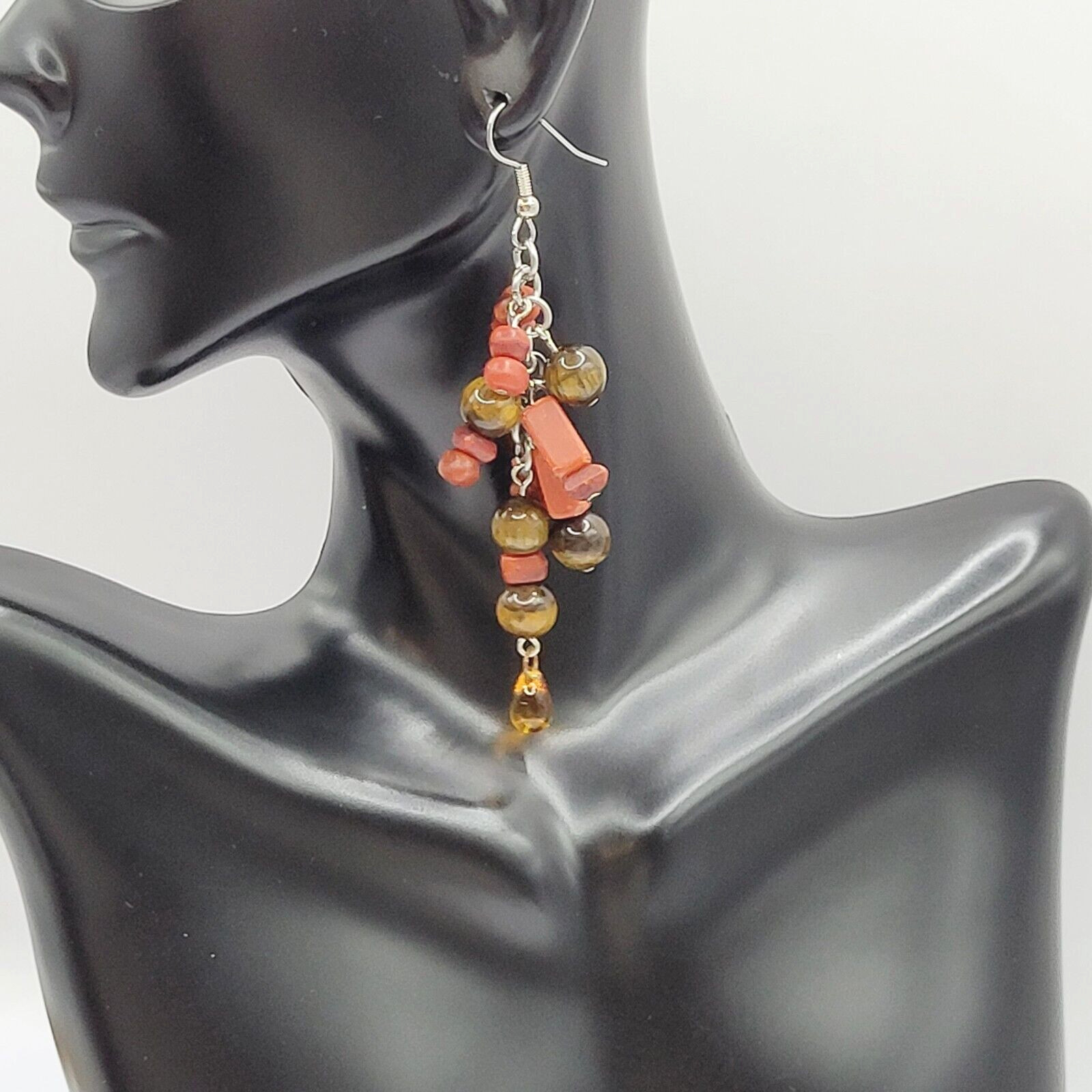 Modern Multi Shape Natural Stone Glass End Long Drop Dangle Hook Pierced Earring