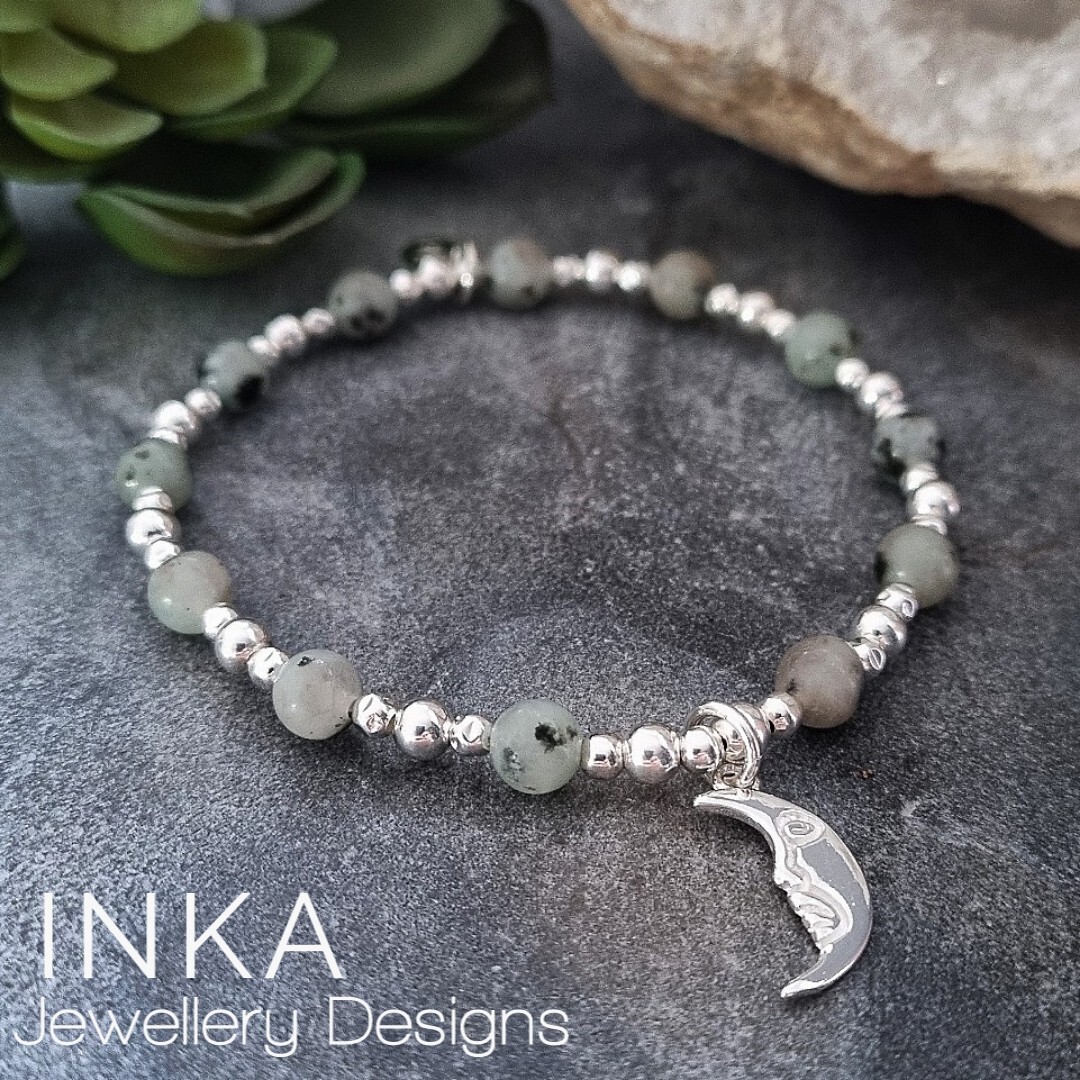 Sterling Silver bead Stack Bracelet with Kiwi Jasper and 925 Moon Charm INKA