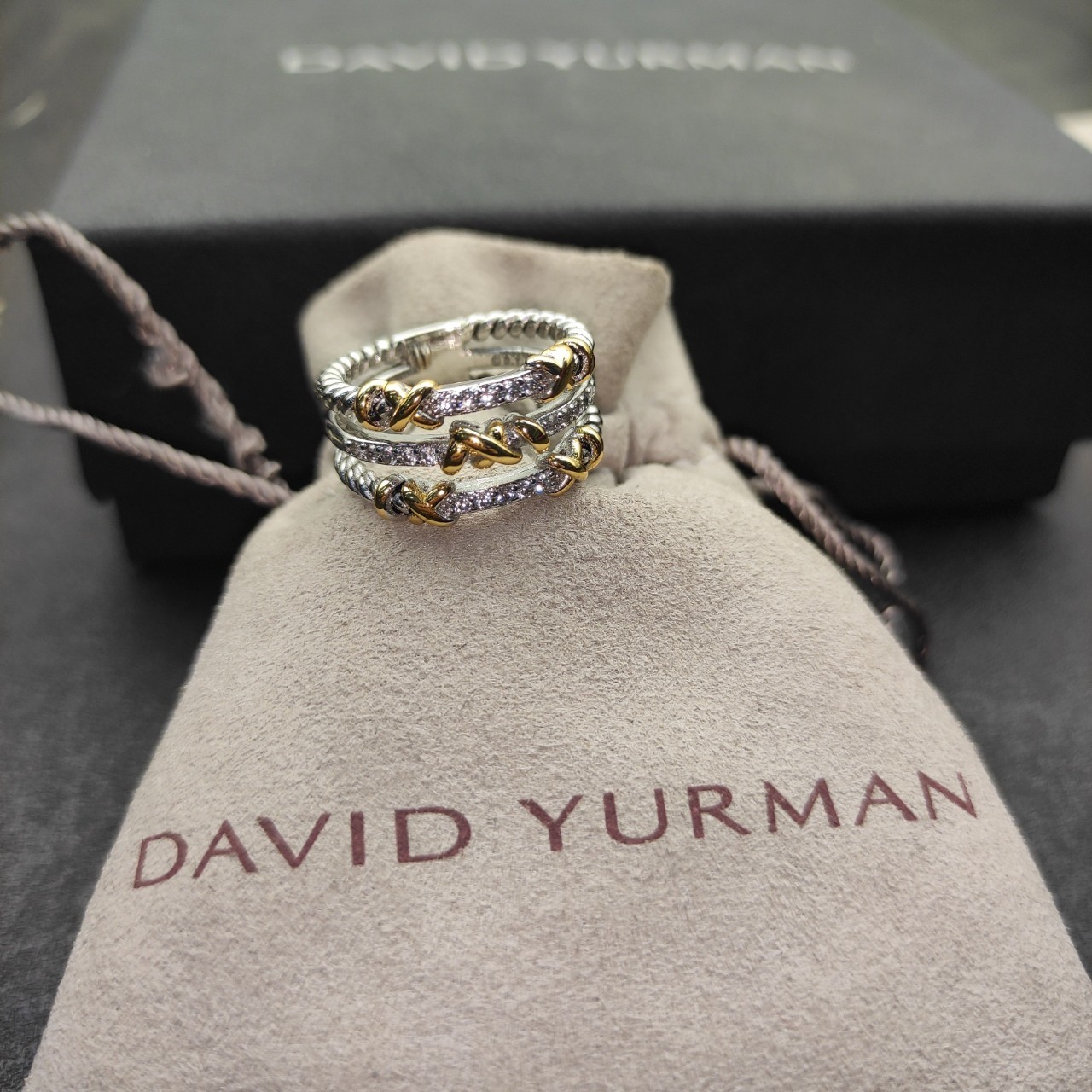 David Yurman Twisted Wrap Band 925 Silver 18K Gold Three Row Pave Diamond Ring 8