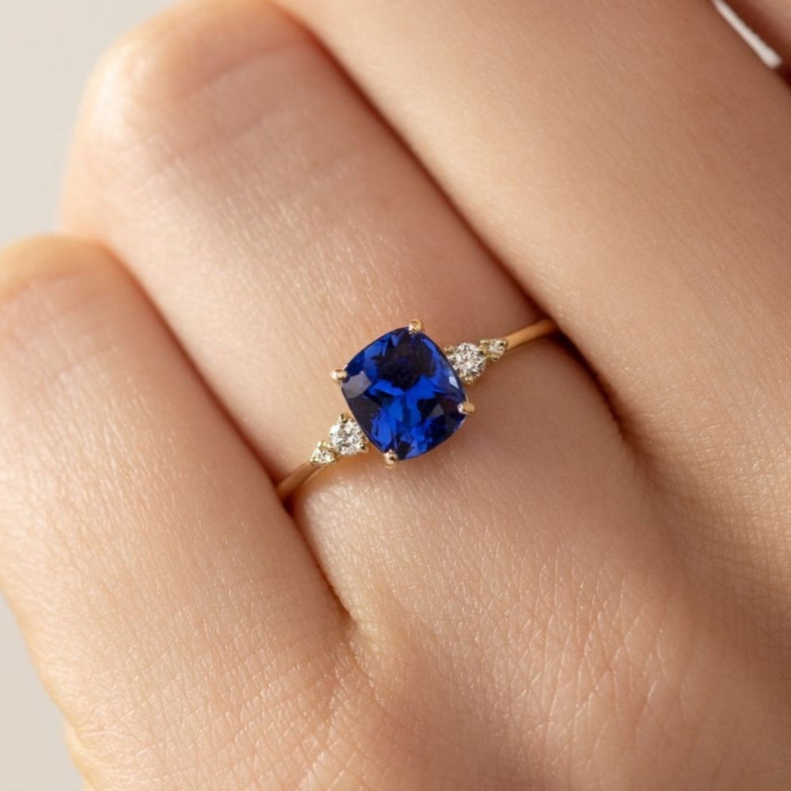 Blue sapphire ring yellow gold cushion cut blue sapphire ring blue ring