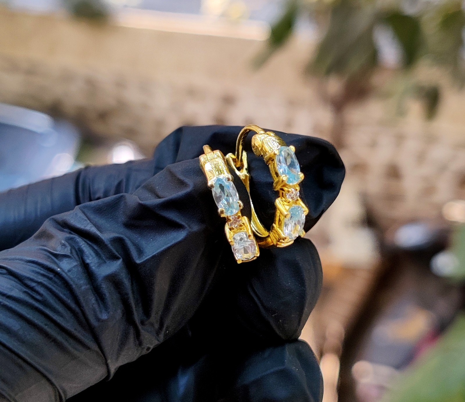 2Ct Oval Cut Lab Created Blue Topaz Hoop Earrings 14K Yellow Gold Plated Silver