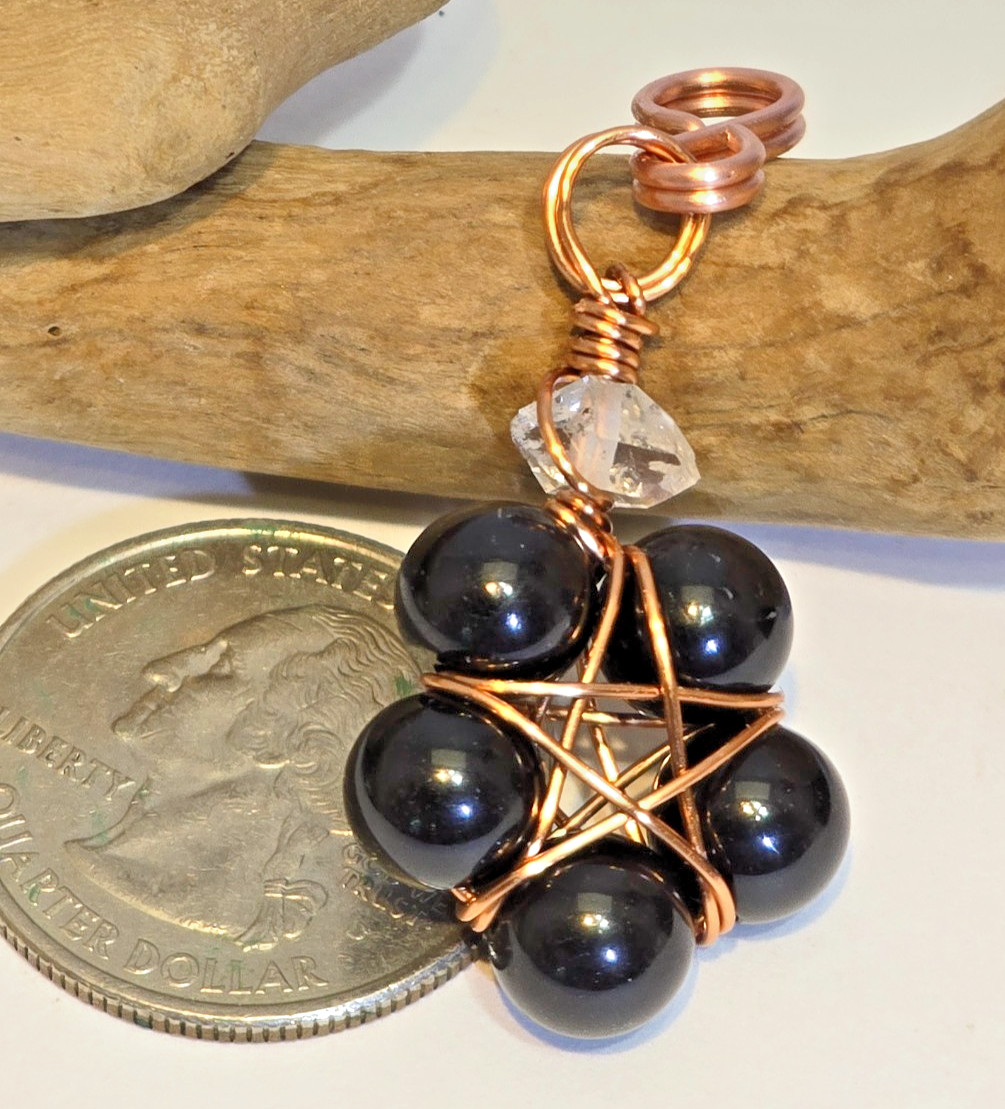 Copper Wire Wrapped 5-Point Star Pendant w/ Black Tourmaline & Herkimer Diamond