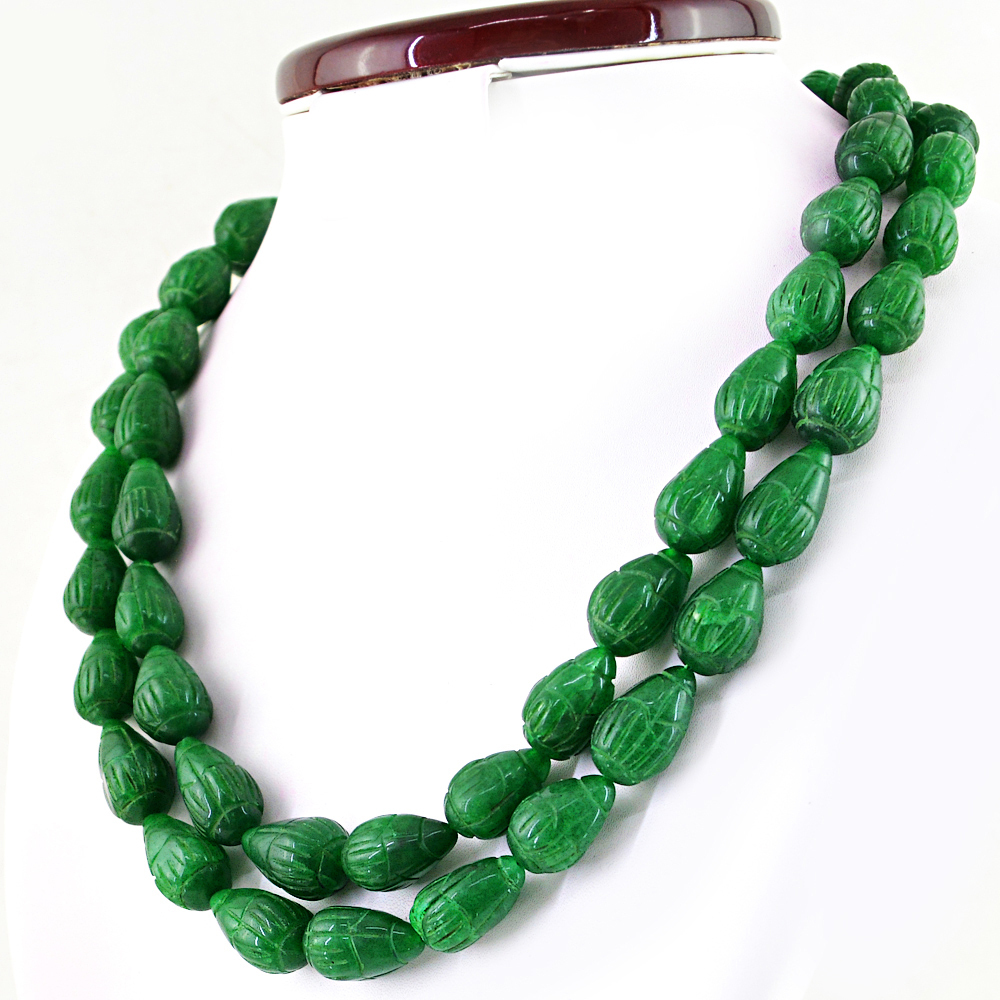 952.50 CTS EARTH MINED 2 LINE GREEN EMERALD PEAR SHAPE CARVED BEADS NECKLACE