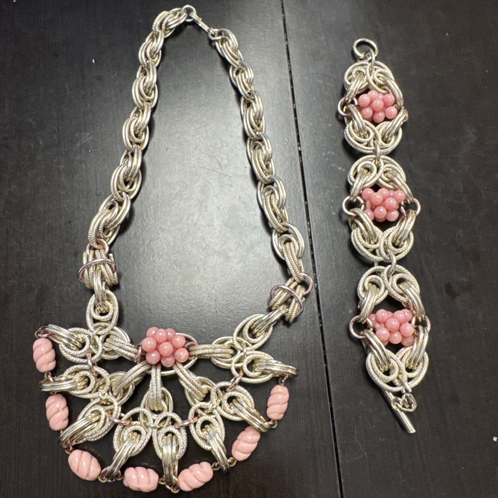 Vintage Silver Pink Beads Necklace, & Bracelet Lightweight Metal