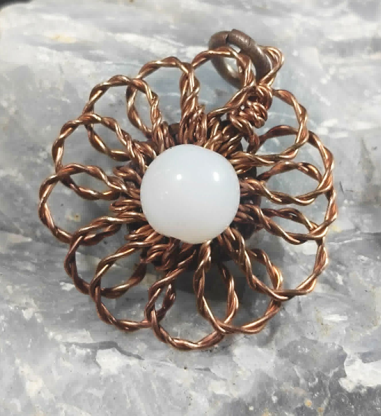 Flower Pendant Copper Daisy Wire Wrapped Mandala Jade Energy Lucky Jewelry #PM3