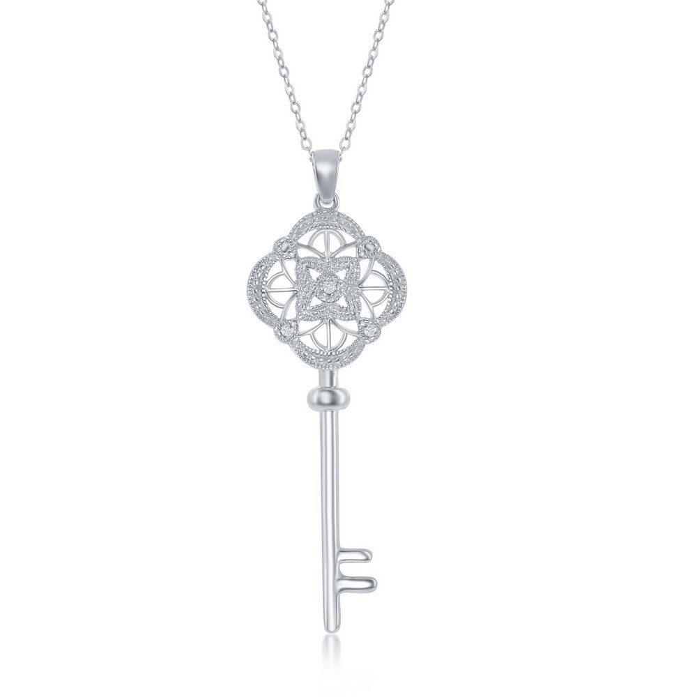 Sterling Silver Design Top Key Diamond Pendant Rhodium Plated