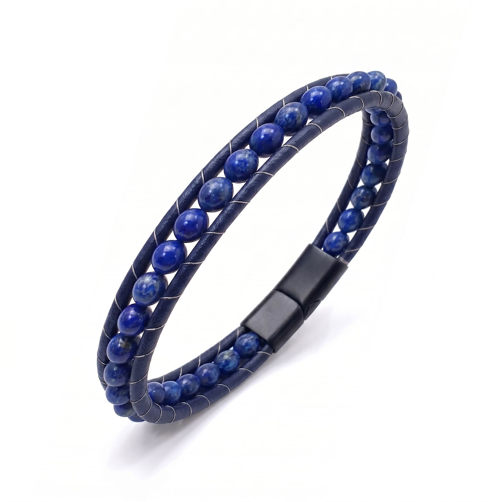 Lapis Lazuli Gemstone Leather Cord & Stainless Steel Men’s Bracelet 6mm