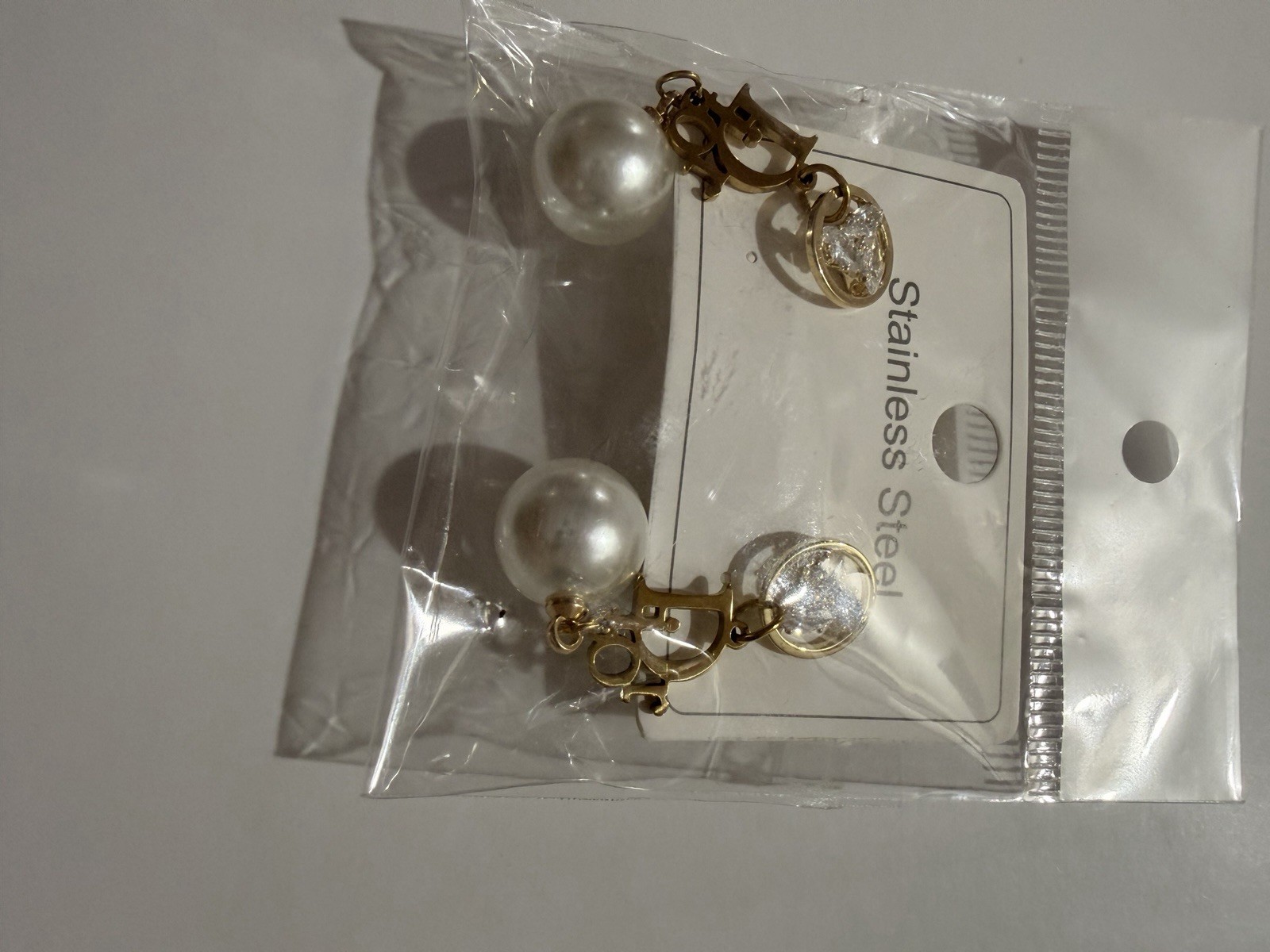 Stainless Steel Dangle Earrings, Gold Tone, White Simulated Pearl, Leverback