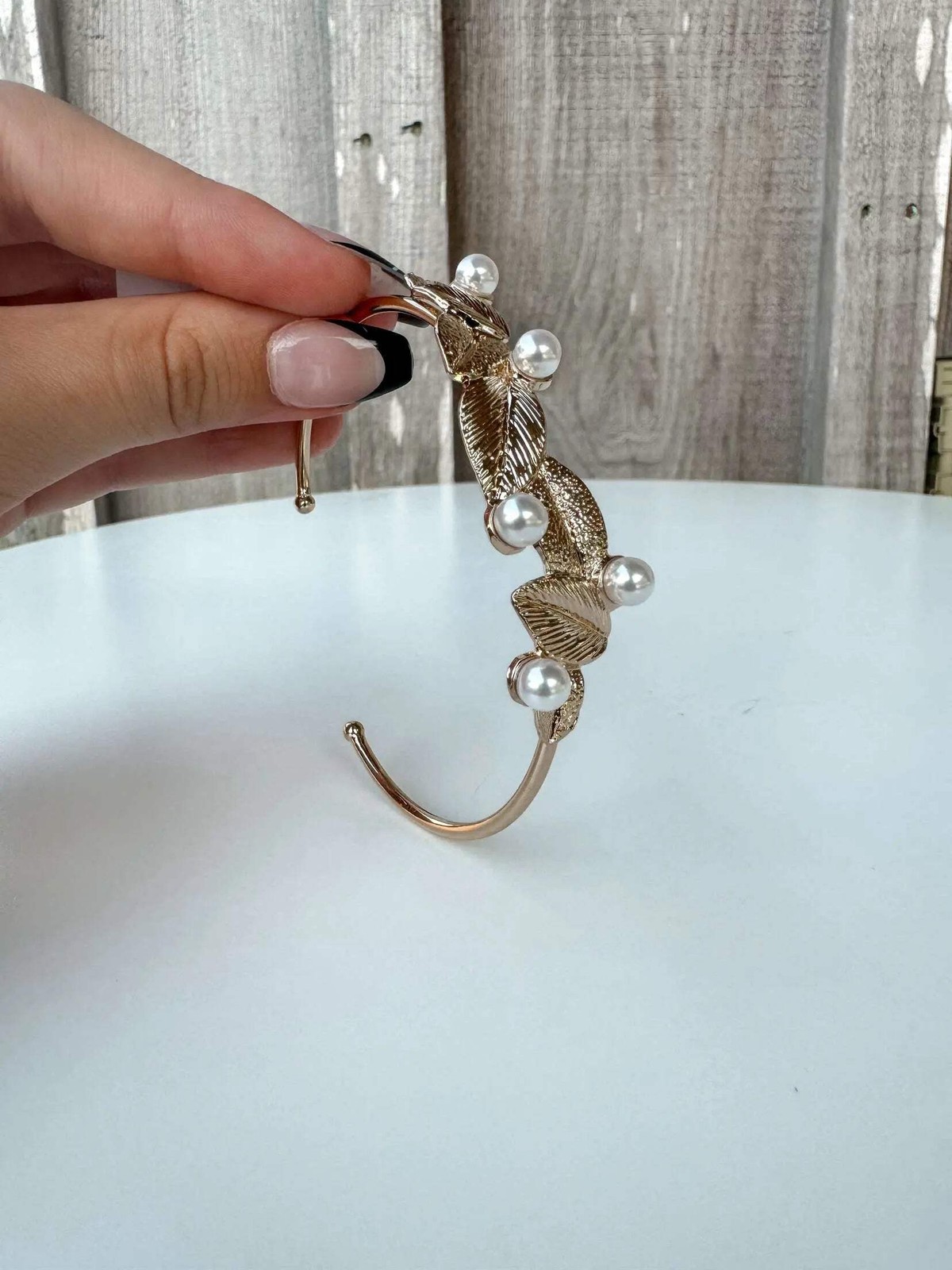 Everyday Wear Leaf Shape Metal Cuff Bracelet With Pearl