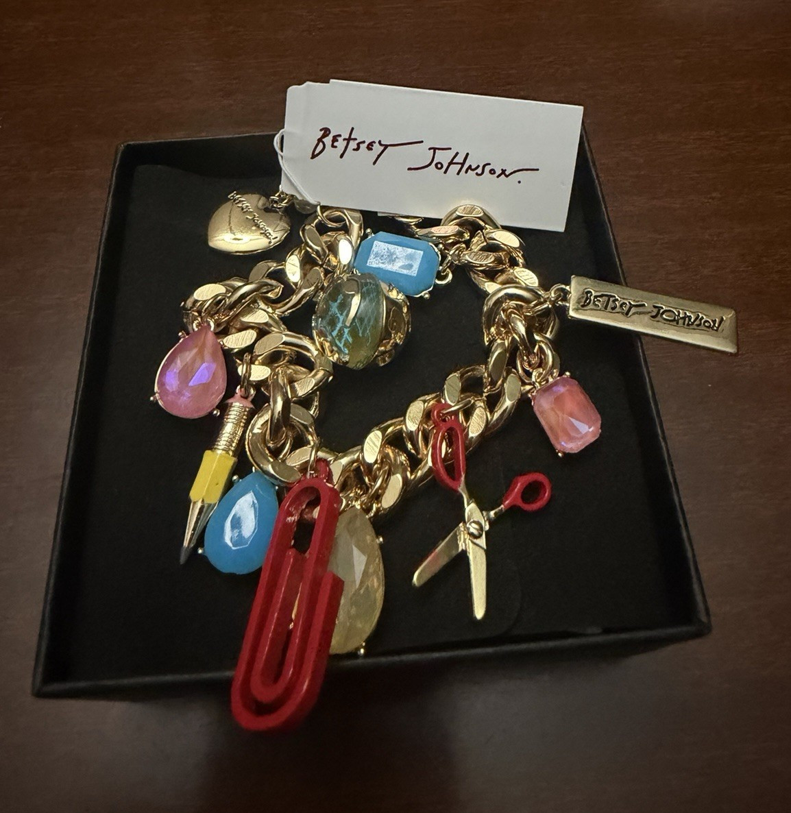 Betsey Johnson Gold Tone Curb Link Charm Bracelet Multicolor Crystal Signed