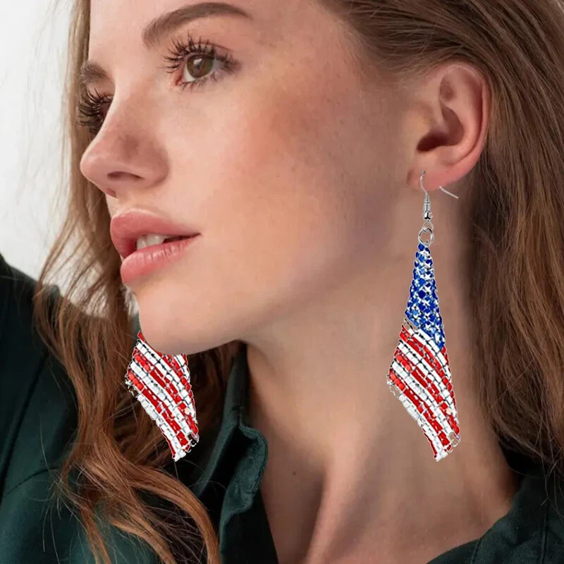 Patriotic American Flag Geometric Square Mesh Dangle Earrings Independence Day