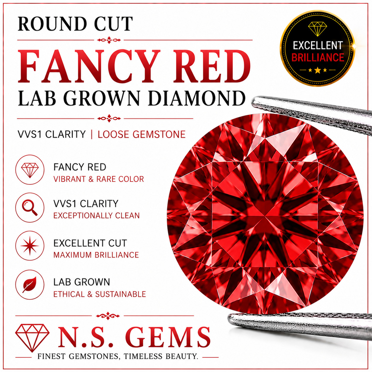 2 Ct Round Cut Fancy Red Lab Grown Diamond VVS1 Loose Gemstone Rare Luxury Spark