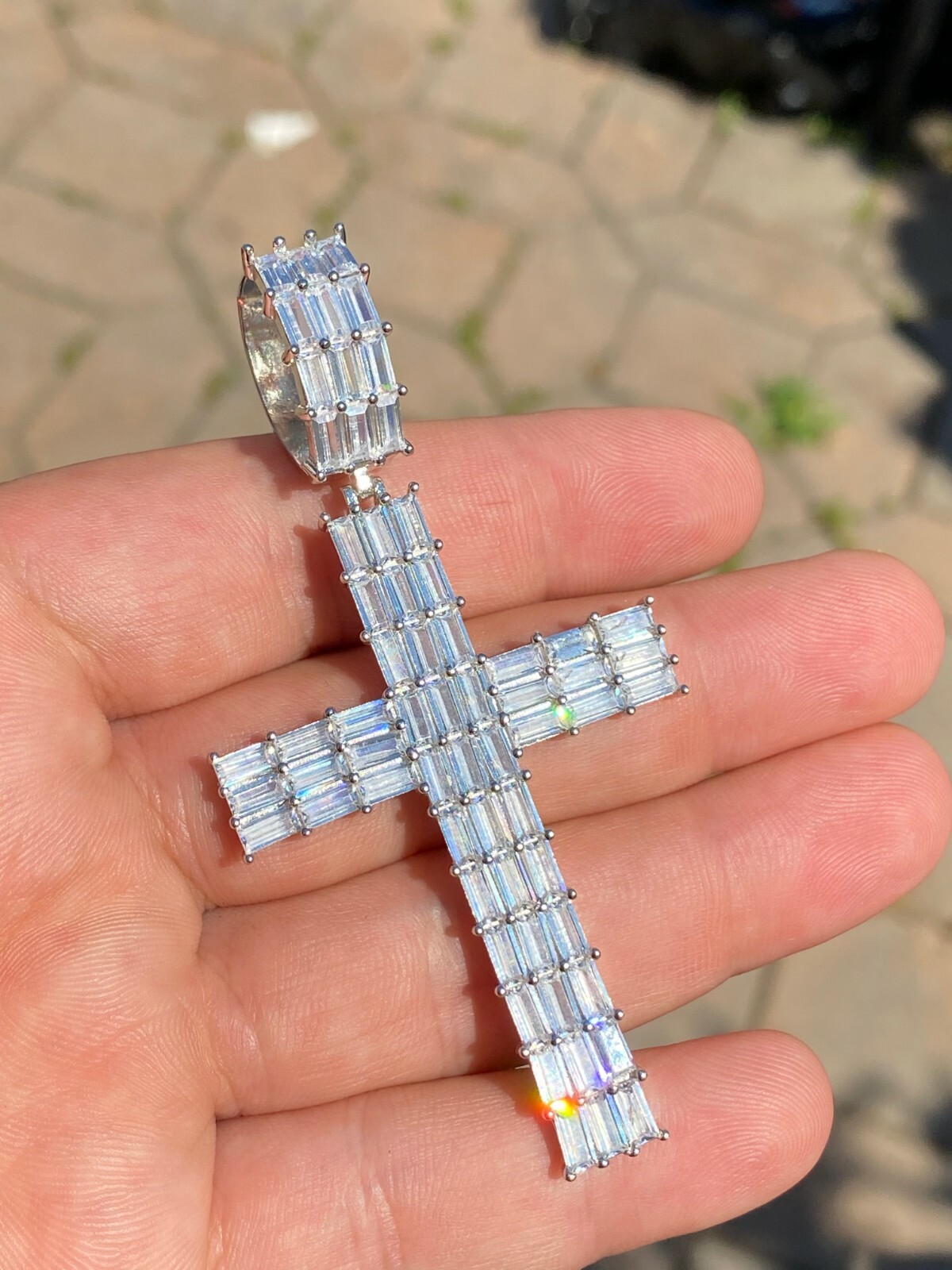 Solid 925 Sterling Silver Cross Pendant Baguette Iced CZ Necklace Hip-Hop