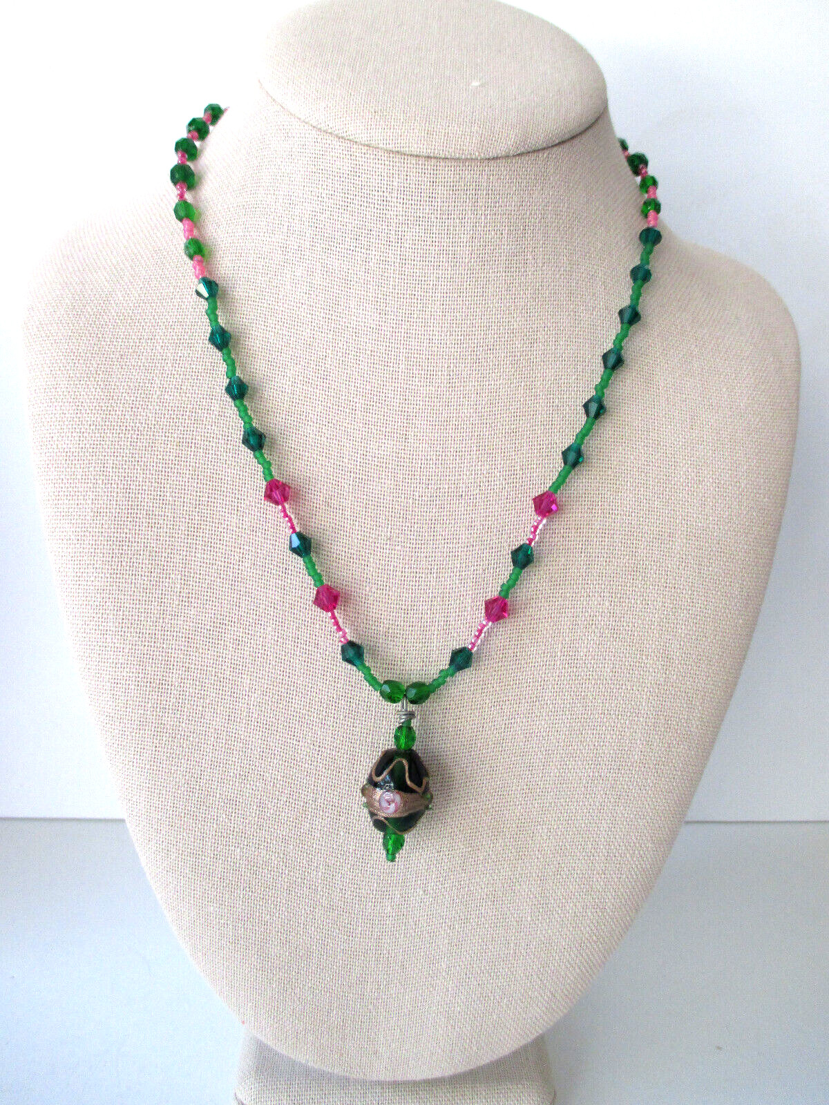 Beaded Necklace Dark Green Bronze Tone Barrel Pendant Green & Pink Beaded Chain