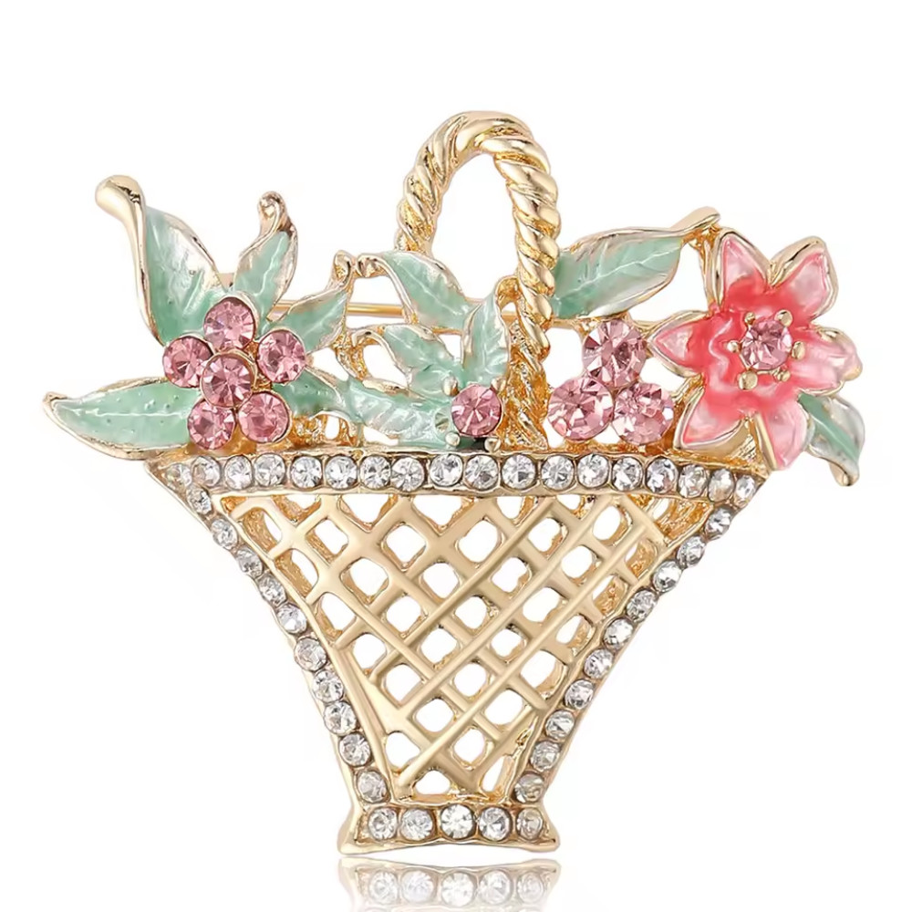 Luxury Easter Spring Flower Basket Brooch Sparkling Rhinestone Pin Jewelry Gift