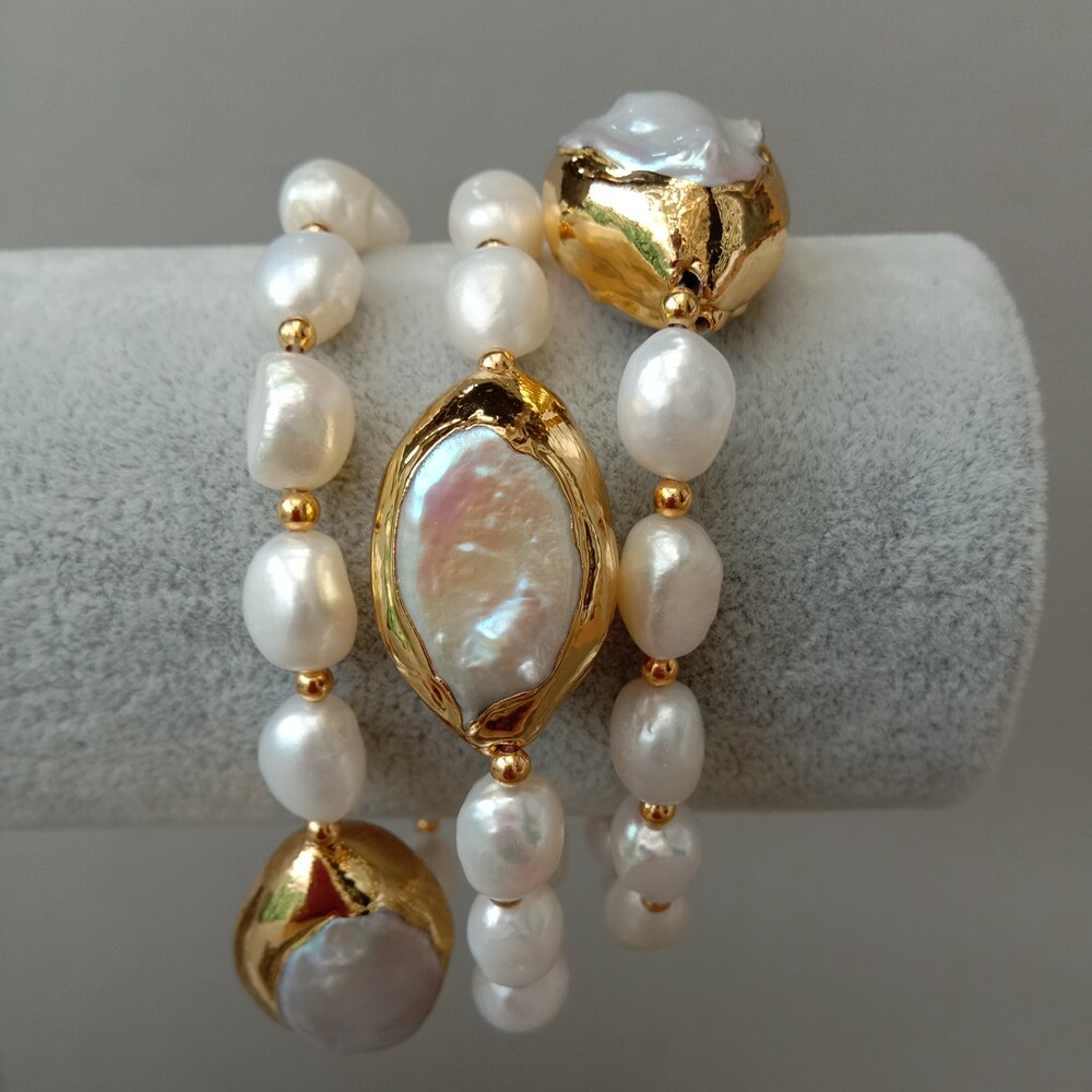 8” 3 Rows Cultured White Baroque Pearl White Keshi Pearl Bracelet