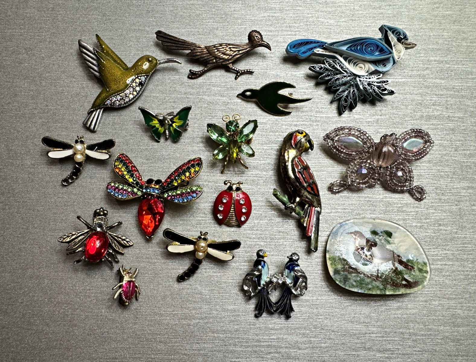 Vintage Mixed Brooch & Pin Lot 13pc Insects Birds Animals Multicolor Metal