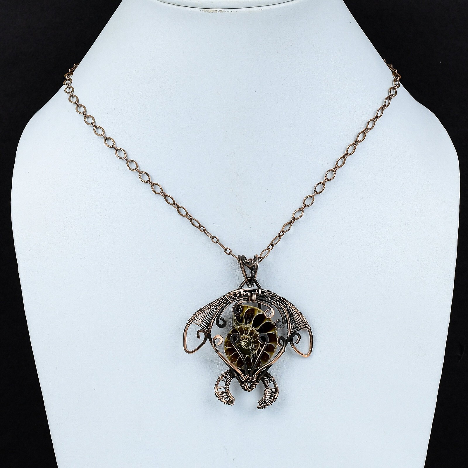 Gift For Her Copper Ammonite Fossil Jewelry Wire Wrapped Tortoise Pendant 2.56″