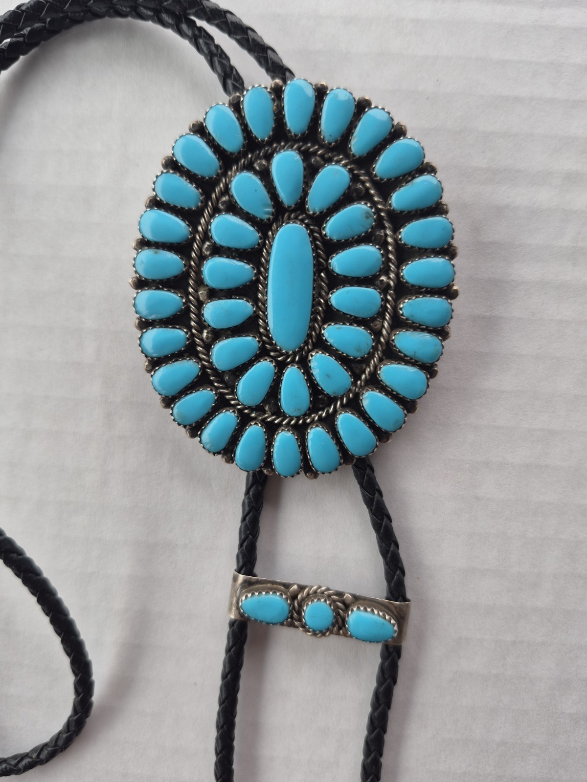 Zuni Native American sterling silver turquoise cluster bolo tie set Marked g