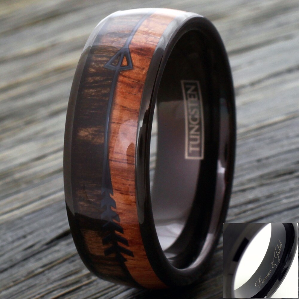 6/8mm Black Tungsten Wood & Arrow Wedding Band Ring-Engraving Avail.