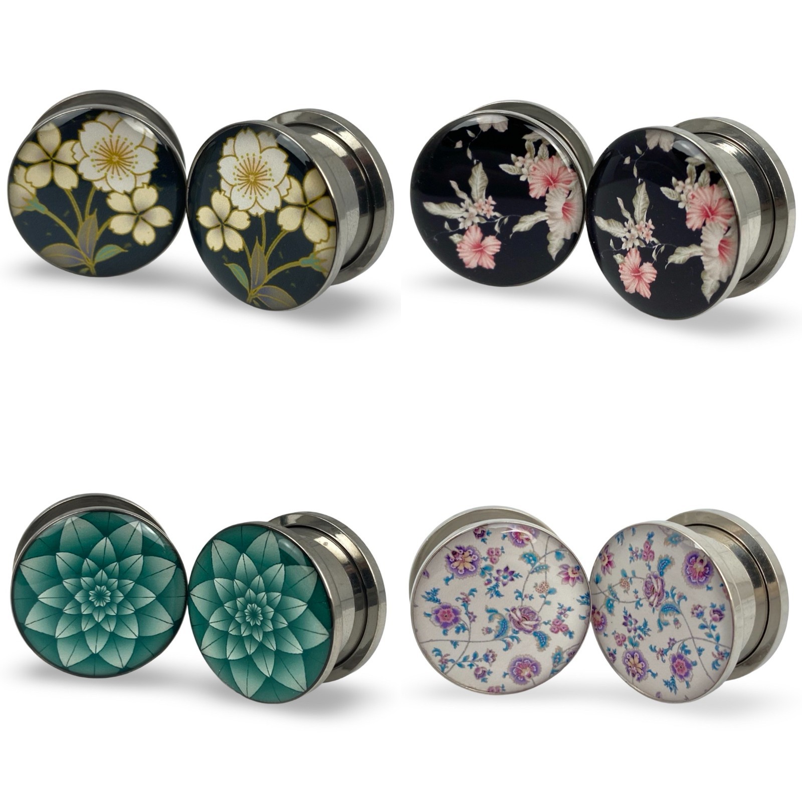 Set of 4 Pairs Picture Plugs (Vin Floral 1, 5, Flower 4, Green Lotus) gauges