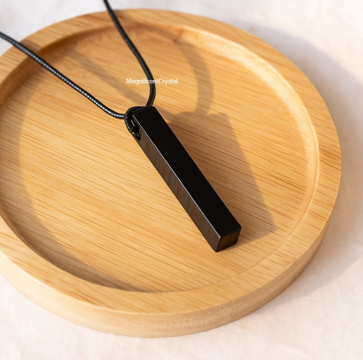 Black Obsidian Bar Pendant Amulet Necklace Men Women Protection Healing Jewelry