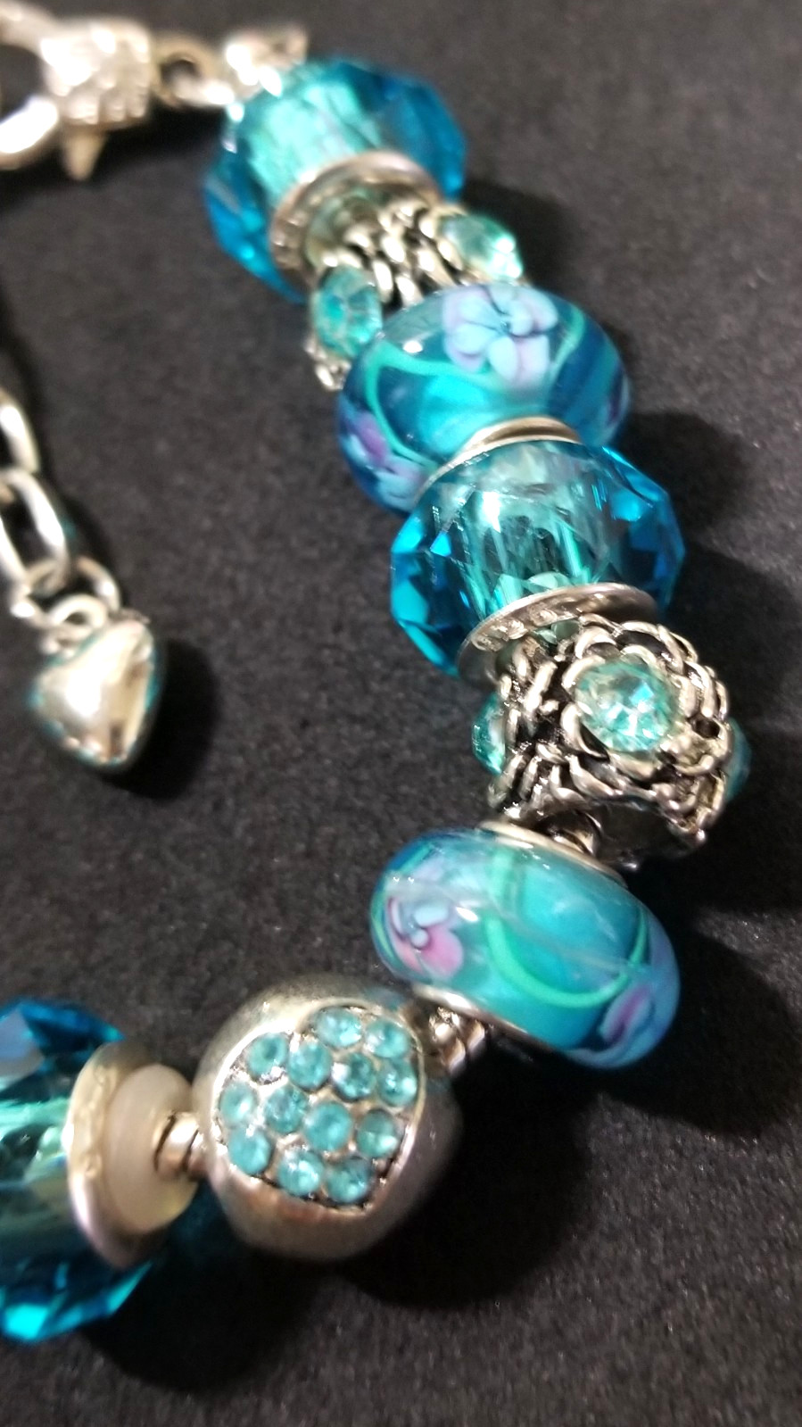 7.9″ FLOWER HEART CHARM MURANO LAMPWORK GLASS BEADS RHINESTONE SPACERS BRACELET