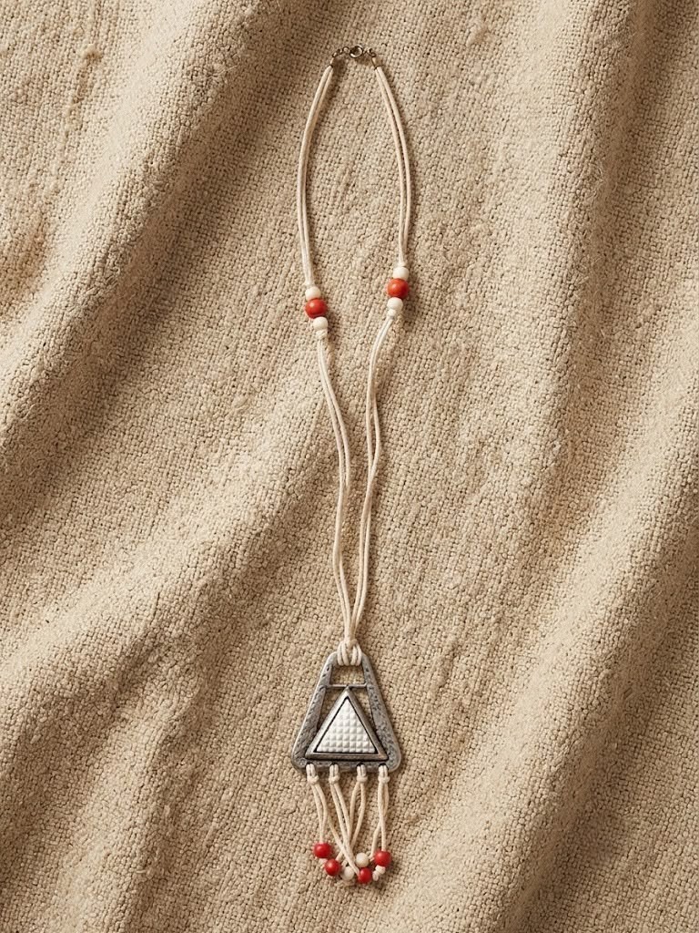 Handmade Ceramic Pyramid Pendant Necklace, Boho Tribal Beaded Cord Jewelry