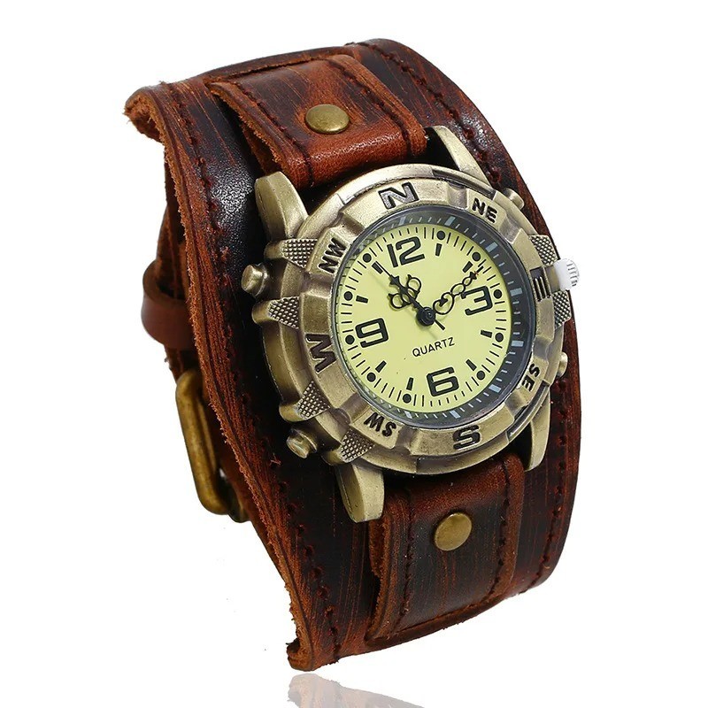 Vintage Retro Leather Cuff Bracelet Wide Band Steampunk Mens Quartz Wrist Watch